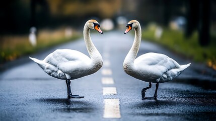 Obraz premium Two mute swans walking on a road close to the center of copenhagen
