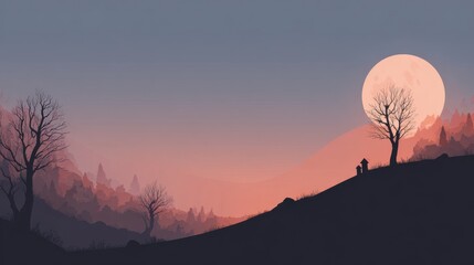 Serene Silhouette at Sunset: A solitary figure and a companion silhouetted against the backdrop of a giant sun, in a tranquil scene in a picturesque evening landscape, evoking calmness and solitude.