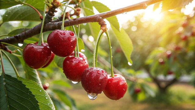 Ripe Cherry hanging on tree with water drop in garden, Cherry tree in natural warm sunlight view - Powered by Adobe