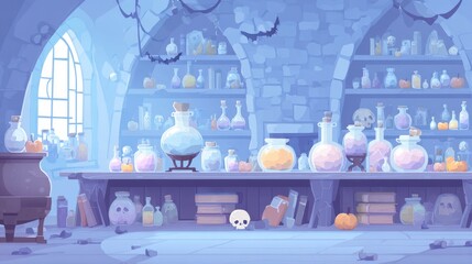Enchanting Alchemist's Workshop: An illustration of an alchemist's workshop, filled with potion bottles and magical ambiance. A whimsical scene
