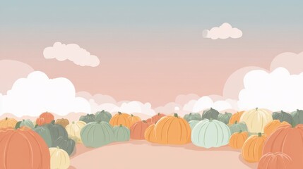 Harvest Season's Bounty: A vibrant autumn scene showcases a field of colorful pumpkins under a serene sky. A symbol of abundance.