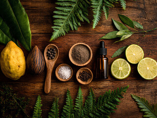 A collection of natural ingredients displayed on wooden surface.