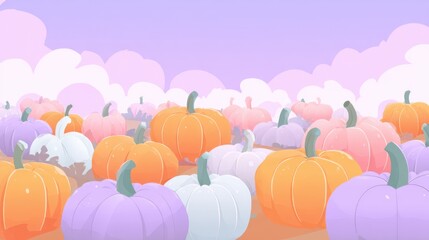 Pastel Pumpkins in a Field: A charming, artistic display of various pumpkins bathed in pastel hues, evoking a sense of autumnal beauty and festive anticipation. 