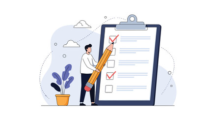 Man with a giant pencil completing a checklist on a clipboard with detailed task management and productivity concepts illustrated