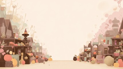 Whimsical Village Landscape: An enchanting village scene evokes a magical atmosphere with stylized building, evoking a sense of childhood dreams and adventure.
