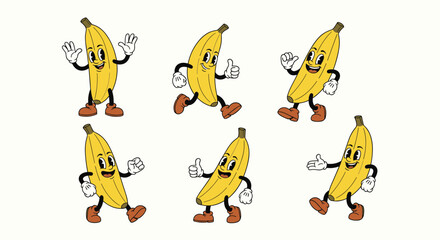 Retro cartoon bananas dancing joyfully in a playful arrangement