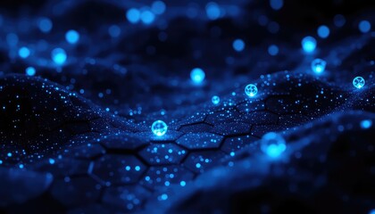 Deep blue hexagonal surface with glowing spheres and glittering particles evokes a sense of futuristic technology and digital connectivity