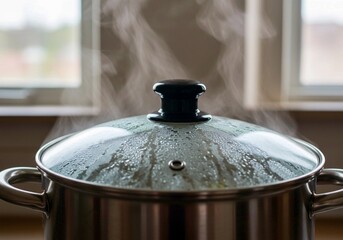 cooking pot on the stove, Close-up of silver frying pan on black stovetop in modern kitchen. Empty pan sits on stove near pot with food, slightly ajar lid on burner. Kitchen counter with plant adds na