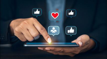 Person touching smartphone screen with social media icons