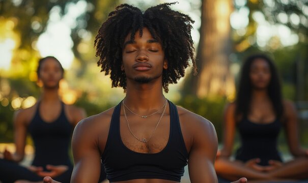 Black African American friends meditating and practicing yoga fitness exercise outdoors on a sunny summer day, Generative AI