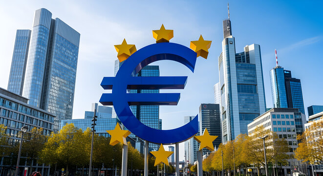 Euro Symbol Adorned with Gold Stars in a Vibrant Cityscape Under a Clear Blue Sky