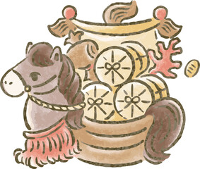 年賀状　年賀　2026　宝船　午年　午　馬　うま　水彩　手描き　かわいい　正月　和風　イラスト素材