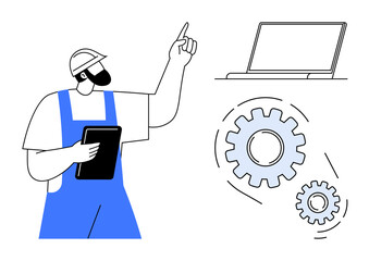 Worker in helmet holding tablet, pointing to laptop, near gears symbolizing system optimization. Ideal for technology, automation, productivity, management, engineering, manufacturing teamwork