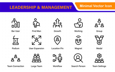 Leadership and management Line Icon set. Vector illustration in the modern thin-line style of management, leader, delegation, control, responsibility, and more.