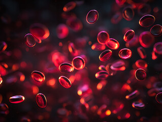 Close-up view of floating red blood cells in a dark background.