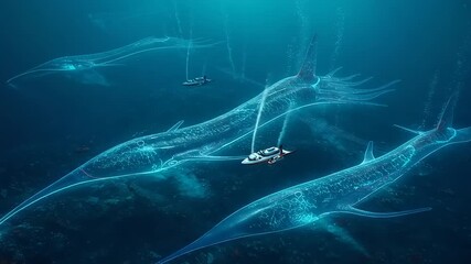 Underwater Exploration: Ghostly Whale Sharks Encountered by Submarine in Deep Blue Sea - Powered by Adobe