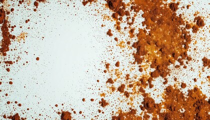 Scattered dark brown powder particles and clumps create a textured border against a clean white backdrop in a modern, abstract composition