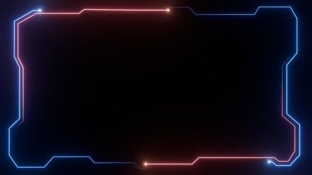Futuristic Neon Frame in Blue and Red Light Forming a Digital Interface Border on Dark Background for Tech or Cyber Designs. Seamless Loop. Created using non-AI 3d software