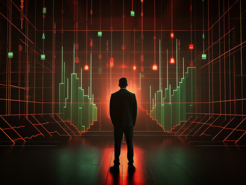 Confident businessman analyzes dynamic glowing stock market charts in futuristic digital data room for financial success