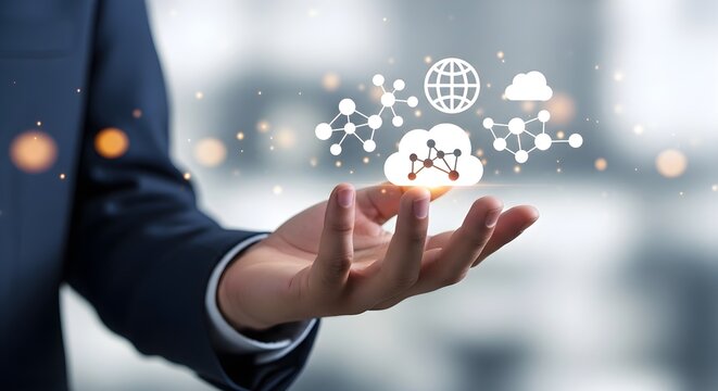 A businessman presents a cloud computing network and global connection icons on his open palm, symbolizing technology and innovation.