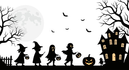 Halloween Night Silhouette: Trick-or-Treaters and Haunted House