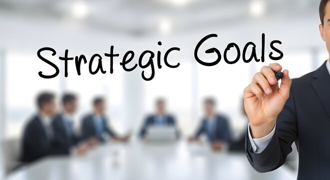 A man writes "Strategic Goals" on a transparent surface in front of a blurred group of businesspeople in a conference room. - Powered by Adobe
