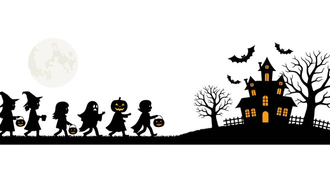 Halloween Parade: Spooky Kids, Haunted House Silhouette