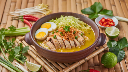Soto ayam in traditional earthenware bowl on bamboo mat background, steam rising, surrounded by fresh ingredients