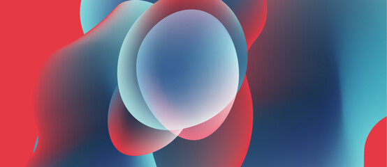 Abstract fluid shapes blend, creating vibrant red, blue gradients. Soft lighting emphasizes circular forms, dynamic composition.