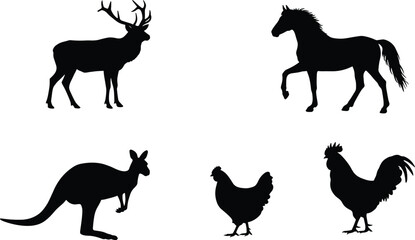 Animal silhouettes of deer, horse, kangaroo, rooster, and chicken, ideal for farm, wildlife, nature, and educational vector projects