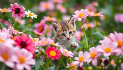 Tiny kitten playing amidst blooming flowers in a lush green garden,  image,  flowers