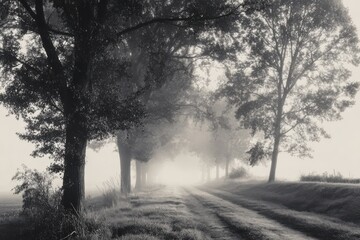 Obraz premium Ethereal Black and White Pathway Lined with Trees Disappearing into Foggy Distance