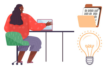 Woman seated at desk engaged with laptop, file folder containing binary code, glowing lightbulb for innovation. Ideal for technology, innovation, coding, brainstorming, creativity, productivity
