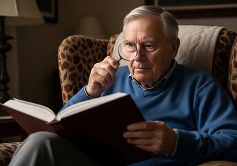 Concentrated senior man studying a book with a magnifying lens