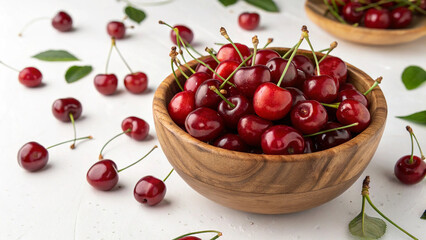 Cherries in bowl on white surface isolated on white background