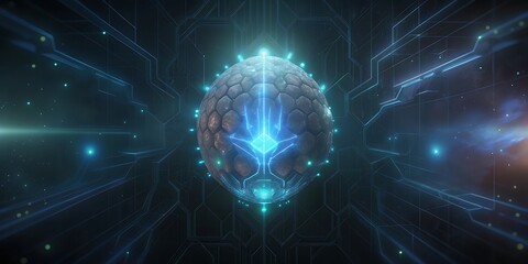Abstract glowing brain symbolizing artificial intelligence and futuristic technology with intricate digital network connections.