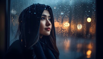 Melancholy Beauty: A Woman Looking Through a Rain-Streaked Window at Night