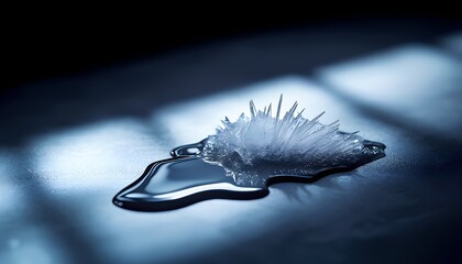 Macro shot of an ice crystal melting on a dark reflective surface