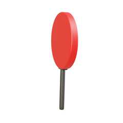 3D render of red circular stop paddle viewed from an angled side, with white background, for traffic guidance and warning scenarios.

