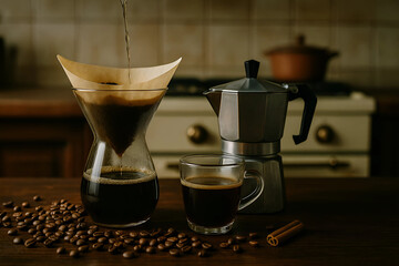 A pour-over coffee setup, a moka pot, a cup of coffee, coffee beans, and cinnamon sticks