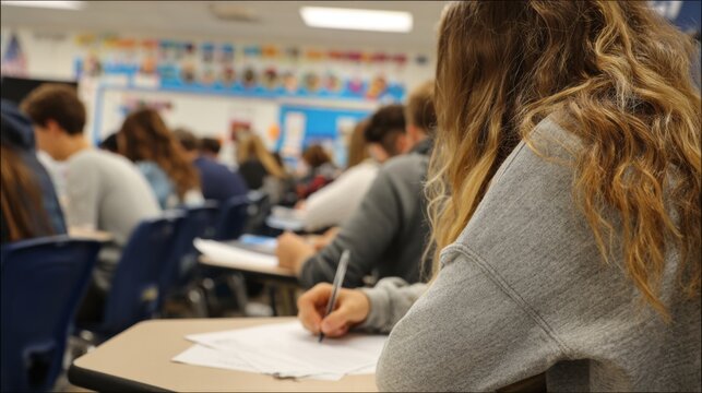 High school students writing notes in classroom during exam, banner with copy space - Powered by Adobe