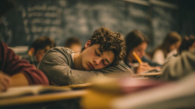 Teenager boy student sleeping at desk during class in busy classroom  