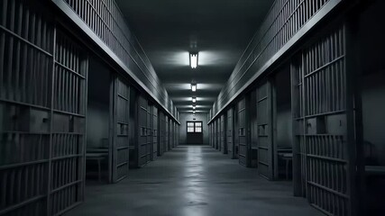 Dark, empty, and ominous prison cell block hallway with rows of metal bars and a distant window, symbolizing confinement and despair. - Powered by Adobe