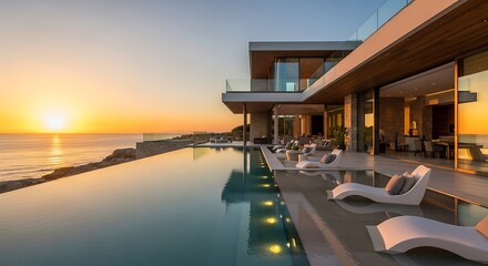 Fototapeta premium Luxury oceanside home with infinity pool reflecting sunset sky creating serene view