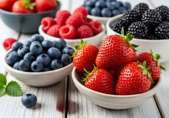 Fresh mixed berries in bowls on a wooden table.