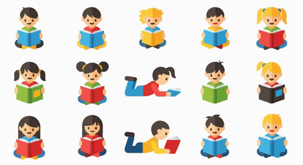 Happy children enjoy reading books, vector based graphics