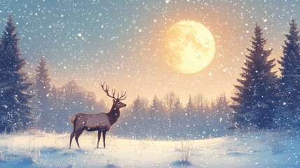 Snowy forest scene with deer