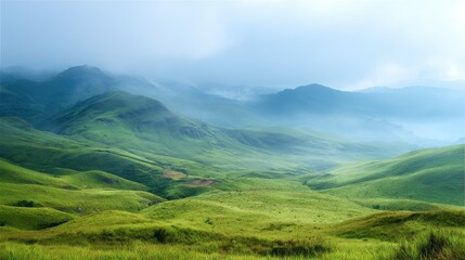 Obraz premium Verdant rolling hills stretch towards misty mountain peaks in a scenic landscape panorama