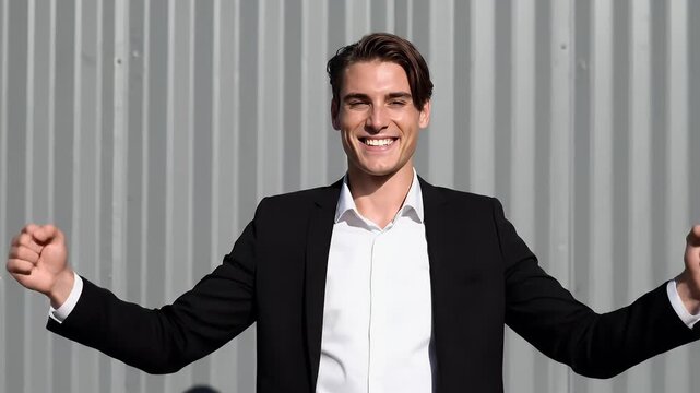 Successful Businessman Celebrating Victory with Open Arms Against a Metallic Background - Business Success and Achievement Stock Video Footage