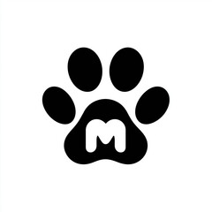 A black paw print with a white letter m inside on a white background icon